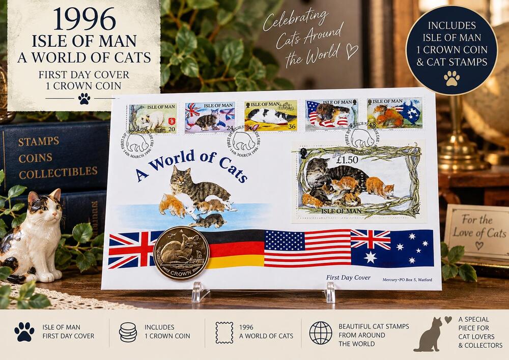 1996 Isle of Man A World of Cats First Day Cover | 1 Crown Coin | Cat Stamps | F